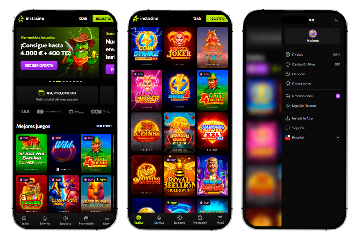 Acceso móvil a Instasino Casino desde smartphones y tablets