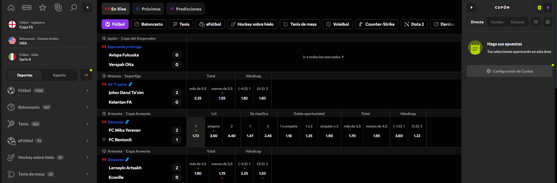 Apuestas en deportes, eSports y competiciones disponibles en Instasino Casino