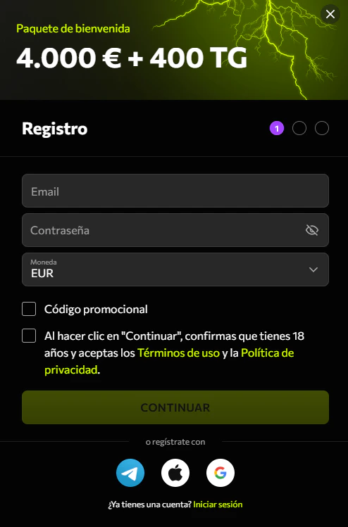 Registro de usuario e inicio de sesión en Instasino Casino